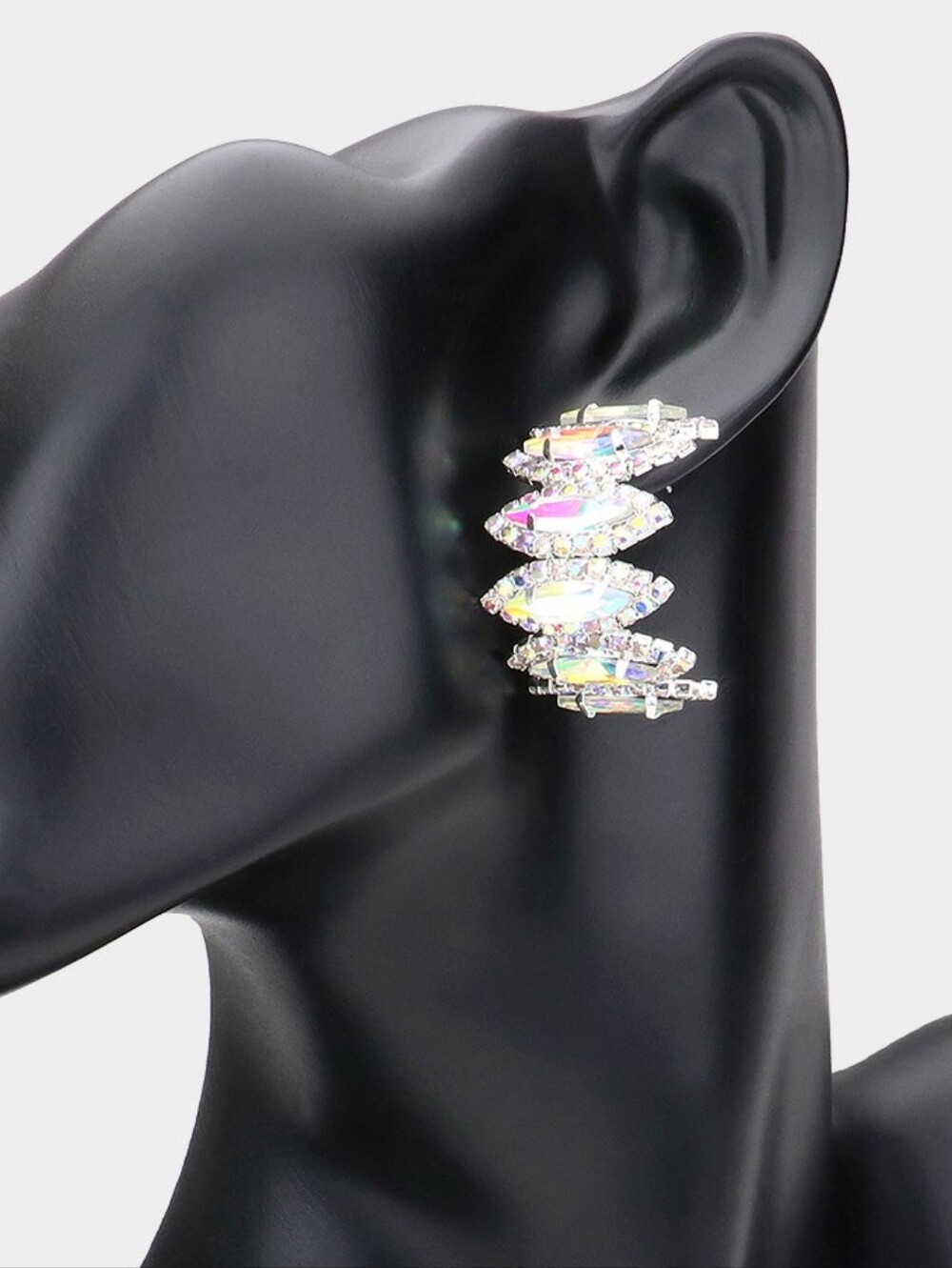 Silver Abalone Marquise Stone Cluster Rhinestone Crystal Half Hoop Earrings